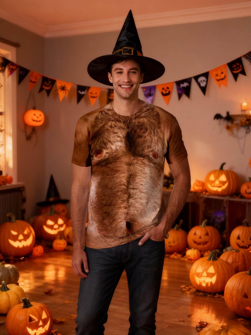 uideazone Men 3D Chest Hairy Printed Short Sleeve T-Shirt Casual Crew Neck Shirt Top - Image 4